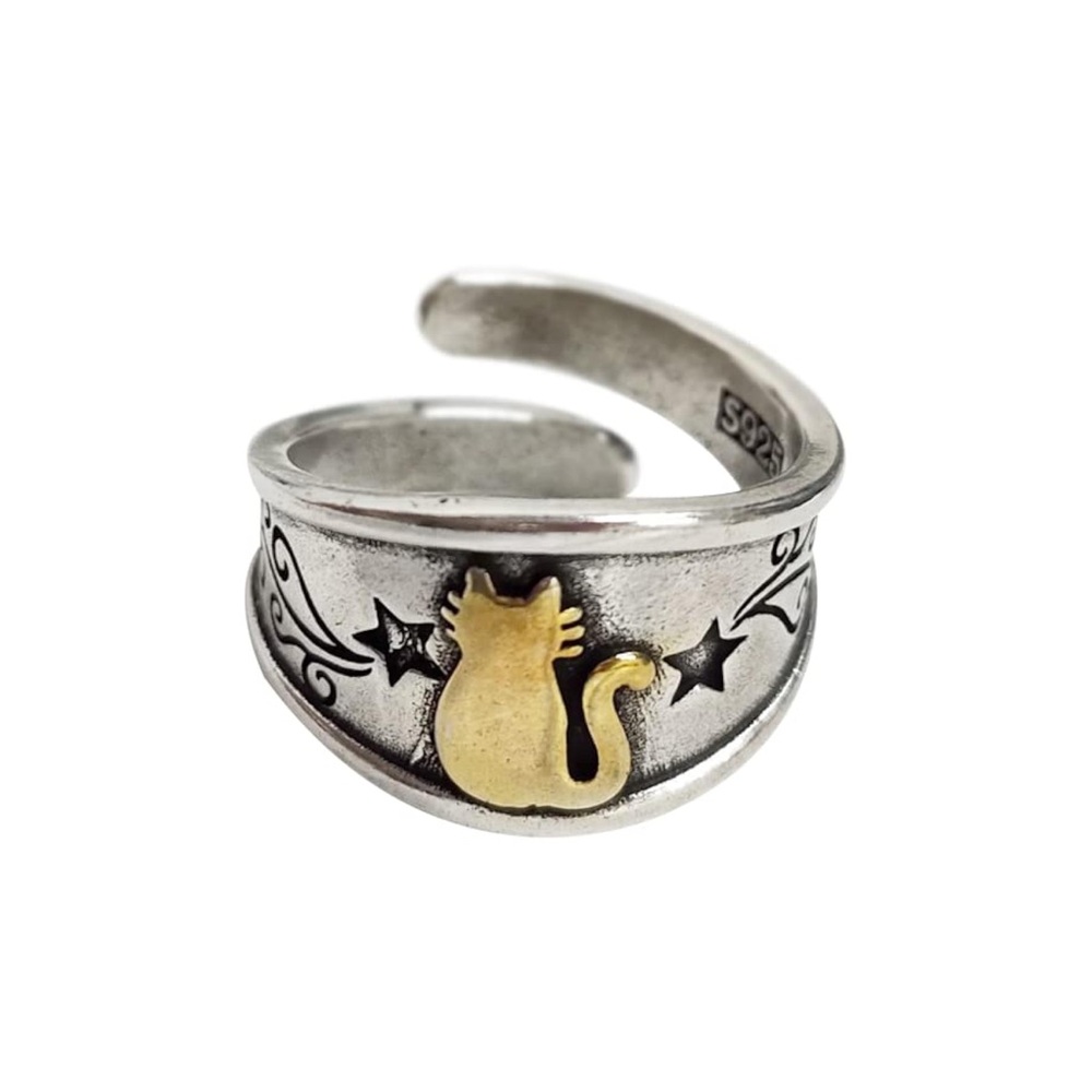 Sterling Silver “Star Gold Cat”  Adjustable Minimalist Ring